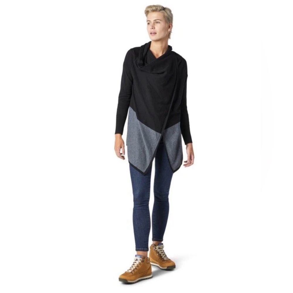 Smartwool‎ Womens Size M Edgewood Wrap Sweater Soft Knit Black Gray Colorblock